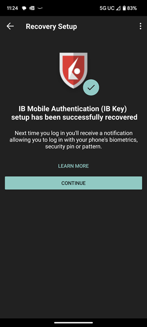 The IB Key sucessfully activated screen on the Android Phone